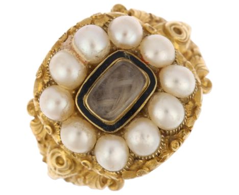 An early 19th century 18ct gold black enamel split pearl and hairwork mourning ring, maker WE, London 1823, central plaited h