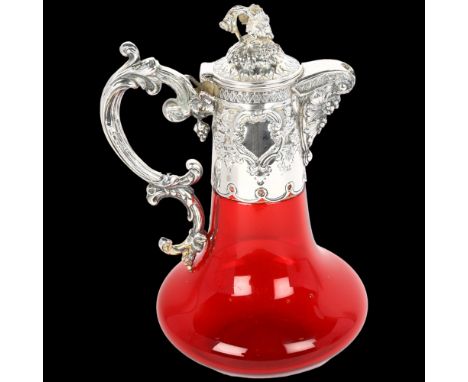 A good quality 19th century silver plate mounted ruby glass Claret jug, with grapevine knop, 25cmNo chips or cracks to glass,