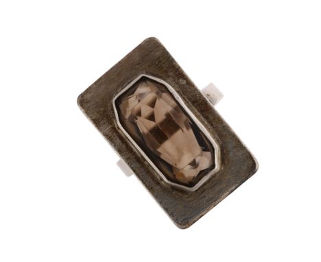 A late 20th century smoky quartz panel ring, circa 1970s, unmarked silver naturalistic bark settings with octagonal-cut quart