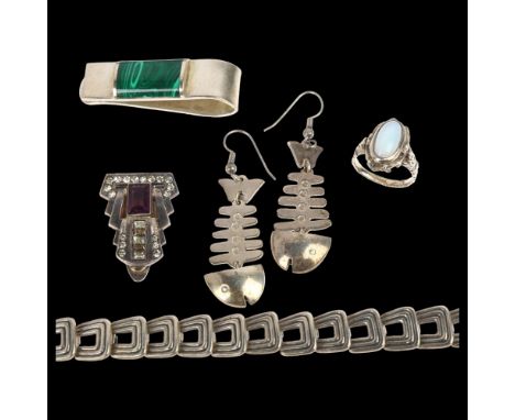 Various silver jewellery, including Mexican malachite money clip, fish earrings etcLot sold as seen unless specific item(s) r