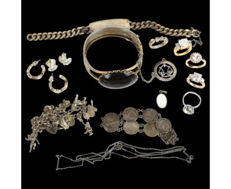 Various silver and costume jewellery, including curb link identity bracelet, charm bracelet etcLot sold as seen unless specif