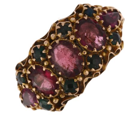 A 19th century 15ct gold garnet and green paste half hoop ring, Birmingham 1871, with scrollwork engraved shank, setting heig