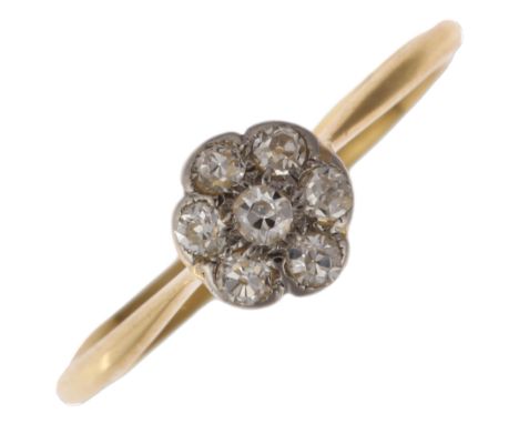 A late 20th century 18ct gold diamond flowerhead cluster ring, maker D&L, London 1993, set with old-cut diamonds, total diamo