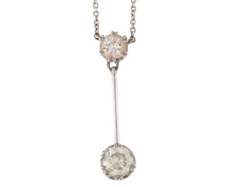An 18ct white gold two stone diamond drop pendant necklace, claw set with modern round brilliant-cut diamonds, diamond weight