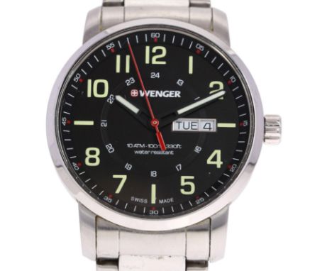 WENGER - a stainless steel Attitude quartz day/date bracelet watch, ref. 01.1541.108, black dial with luminous Arabic numeral