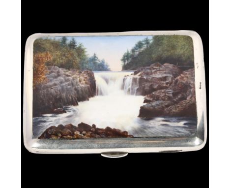 A fine Victorian novelty silver and enamel 'Skelwith Force - Lake District' waterfall landscape necessaire case, Elkington & 