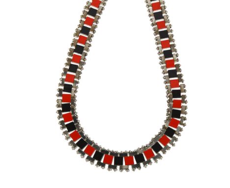 JAKOB BENGEL - an Art Deco red and black enamel Mauerwerk (brickwork) costume necklace, apparently unmarked, 38cm, 51.2gClasp