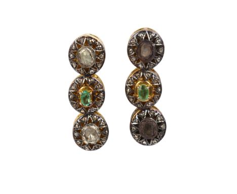 A pair of Indian silver-gilt emerald and diamond drop earrings, with stud fittings, 37.8mm, 19.6gNo damage or repair, all sto