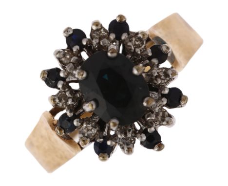 A late 20th century 9ct gold sapphire and diamond snowflake cluster ring, maker MS&S, London 1977, setting height 14mm, size 