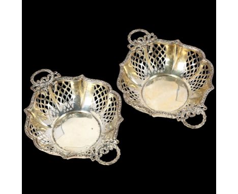 A pair of George V silver 2-handled bon bon dishes, Mappin & Webb, Birmingham 1921, shaped circular form with ribbon bow hand