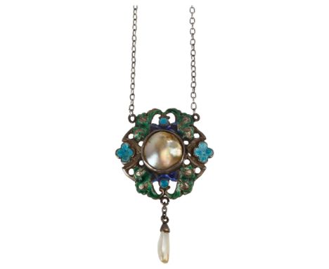 An Arts and Crafts blister pearl baroque pearl and peacock enamel floral pendant necklace, circa 1905, apparently unsigned an