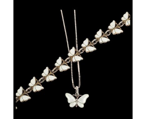 VOLMER BAHNER - a Danish sterling silver and white enamel butterfly pattern pendant necklace and bracelet set, pendant 15mm, 