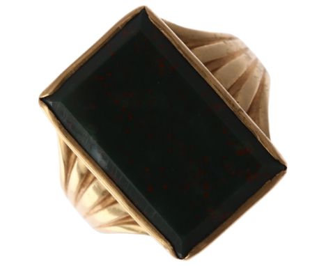 A mid-20th century 9ct gold bloodstone panel signet ring, maker FM, London 1969, unascribed rectangular panel measures approx