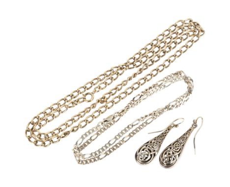 Various silver jewellery, comprising silver-gilt curb link chain necklace, 56cm, flat figaro link necklace, 40cm, and pair of