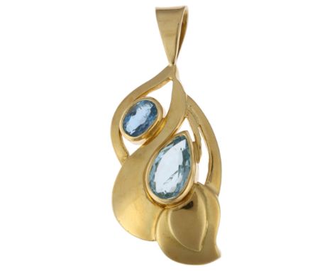 A modern 18ct gold blue topaz floral pendant, rub-over set with pear and oval-cut topaz, 42.6mm, 9.3gNo damage or repair, all