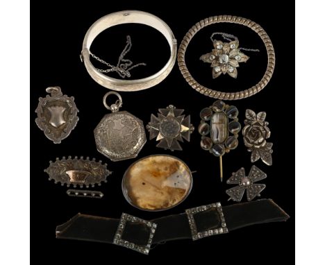 Various silver jewellery, including heavy shield fob medal, pair of Georgian paste buckles, agate panel brooch, etcLot sold a