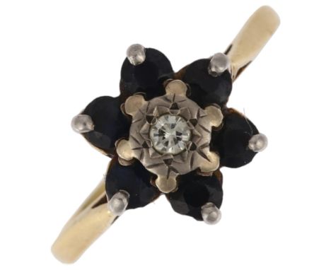 A mid-20th century 18ct gold sapphire and diamond cluster flowerhead ring, London 1967, setting height 10.1mm, size N, 3.1gNo