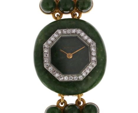 DELANEAU - a lady's 18ct gold jade and diamond mechanical cocktail bracelet watch, circa 1970s, octagonal jade panel dial wit