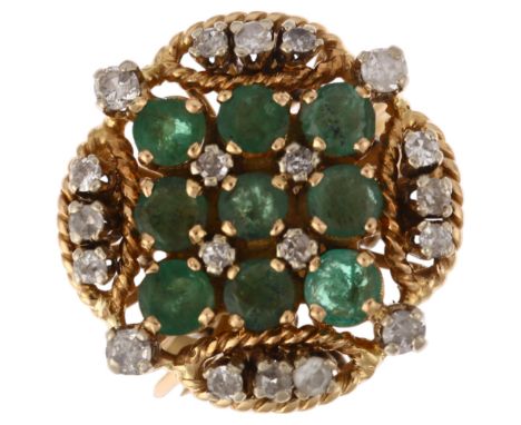 A Continental emerald and diamond cluster compass cocktail ring, claw set with round-cut emeralds, single-cut diamonds and wi