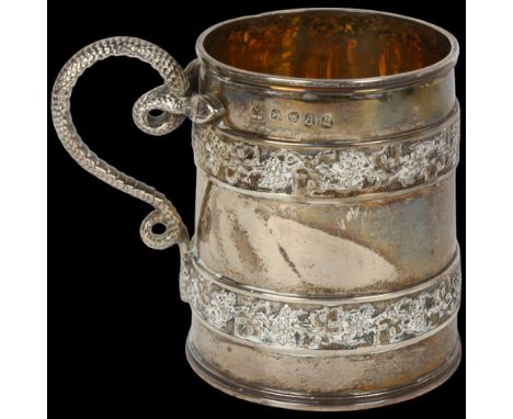 A George III silver christening mug, Rebecca Emes & Edward Barnard I, London 1819, tapered cylindrical form, with relief cast