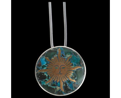 ANTONIO TAXCO - a large Mexican brass and composite stone inlaid sterling silver sun pendant necklace/brooch, on later sterli