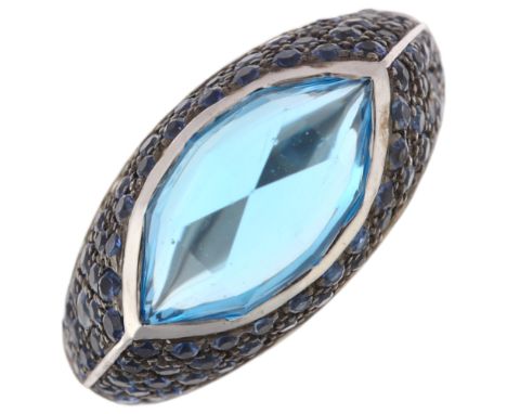 STEPHEN WEBSTER - a modern designer 18ct white gold blue topaz and sapphire Haze Collection ring, maker SW, set with marquise