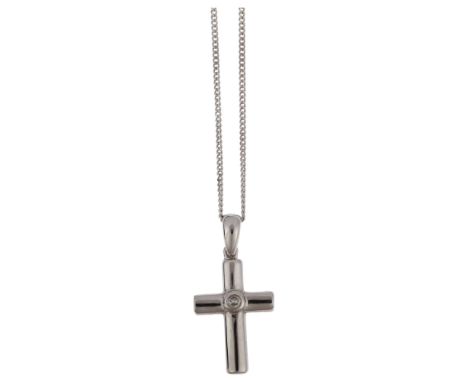 A modern 9ct white gold diamond cross pendant necklace, set with 0.02ct modern round brilliant-cut diamond on 9ct fine curb l