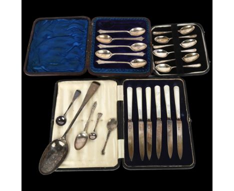 Various silver cutlery, including cased set of 6 mother-of-pearl handled fruit knives, a set of 6 teaspoons, etc, 7oz weighab