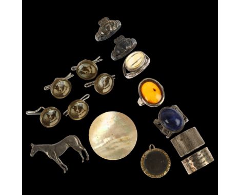 Various jewellery, including silver Claddagh rings, mother-of-pearl box, Kenart horse brooch etcLot sold as seen unless speci