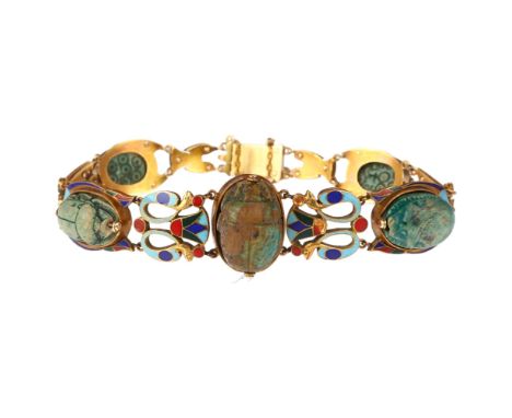 A Victorian Egyptian Archaeological Revival scarab beetle bracelet, circa 1880, set with graduated faience pottery scarabs wi