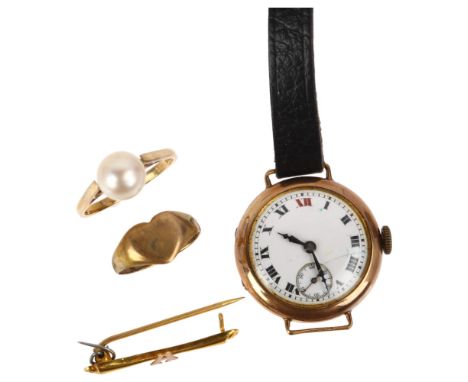 Various 9ct gold jewellery, including First World War Period Officer's style trench wristwatch, cultured pearl ring etc, 19.8