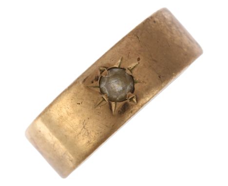 A late 20th century 9ct gold white sapphire gypsy ring, maker SHS, London 1973, band width 7.1mm, size R, 7.8gNo damage or re