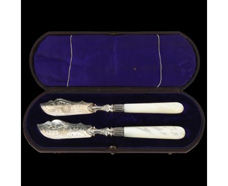 A pair of Victorian silver mother-of-pearl handled butter knives, Harrison Brothers & Howson, Sheffield 1878, floral engraved