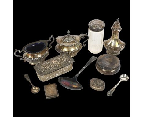 Various silver, including cruet set, dressing table powder jar, Vesta case etc, 10.3oz weighableLot sold as seen unless speci