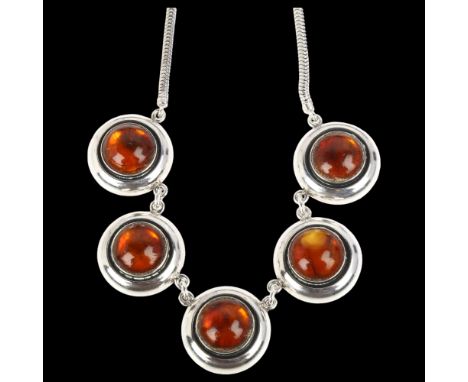 NIELS ERIK FROM - a Danish modernist sterling silver and amber panel necklace, on integral snake link chain, 41.5cm, 46gNo da