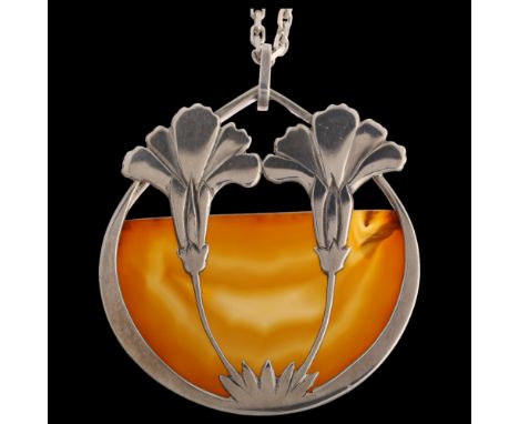 DANSK HOLLANDSK - a mid-20th century Danish modernist sterling silver and agate floral openwork pendant necklace, on sterling