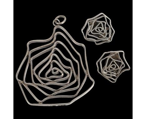 A Vintage silver spider web matching pendant and pair of clip-on earrings, maker JS, Sheffield 1970, pendant 51.6mm, earrings