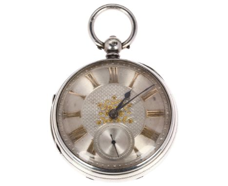 A 19th century silver open-face key-wind pocket watch, engine turned silvered dial with applied gold Roman numeral hour marke