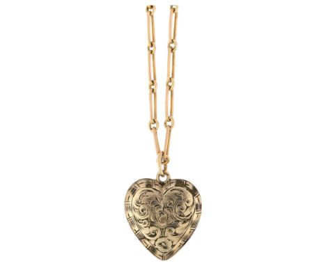 An Antique heart locket pendant necklace, on 15ct bar link chain, pendant apparently unmarked, 22.5mm, chain 40cm, chain 5.7g