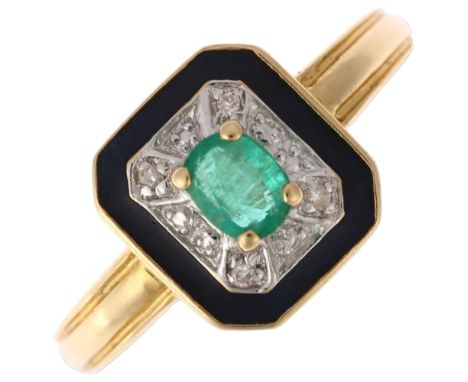 A late 20th century 18ct gold emerald diamond and blue enamel cluster panel ring, maker PJ, import Sheffield 1995, setting he