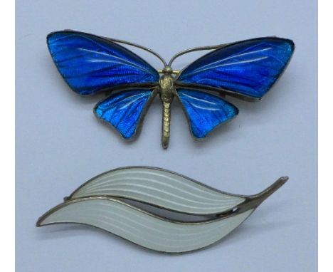A Norwegian silver and enamel brooch and a butterfly brooch