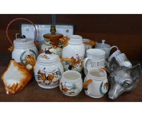 Hunting china including a Crown Devon Fieldings table lamp, a Royal Crown Derby John Peel jug, a Myott two setting tea servic