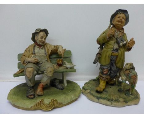 Two Capodimonte figures, Tramp on a Bench, pipe a/f, signed B. Merli and Gamekeeper