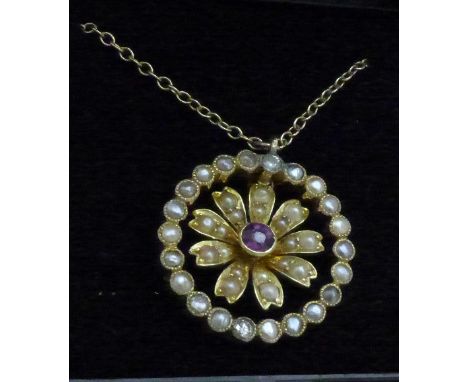 A 15ct gold, seed pearl, diamond and amethyst pendant, 5.5g, a/f with chain