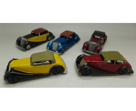 Five Crescent Toys die-cast model cars, repainted