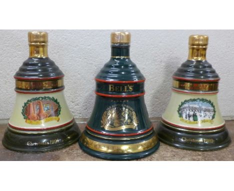 Three Bell's Old Scotch Whisky decanters Christmas 1989, 1991 and 1992