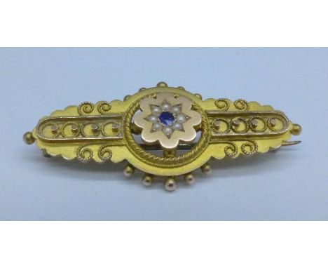 A 9ct gold, sapphire and seed pearl brooch, 3.2g