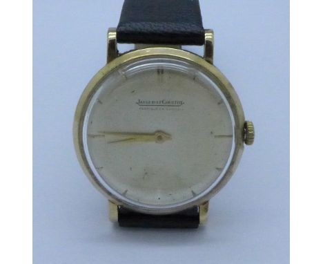 A 9ct gold Jaeger LeCoultre wristwatch, presentation engraving to case back, dated 1958