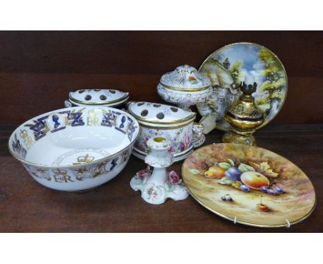 A Coalport Silver Jubilee bowl, two Lynton Porcelain flower holders, a glass table lamp base and other decorative china