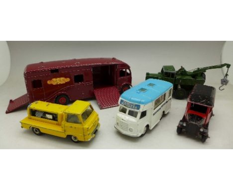 Five die-cast model vehicles; four Dinky Toys, Horse-Box, 661 Recovery Tractor, 436 Atlas Copco and Royal Mail, and a Corgi T